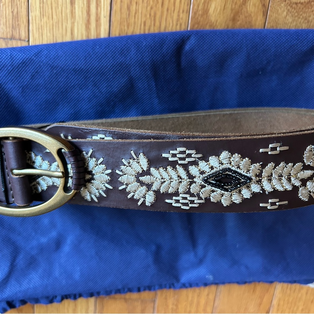 Lucky Brand Brown Leather Belt with Ivory Embroidered Floral Motif - Picture 7 of 9